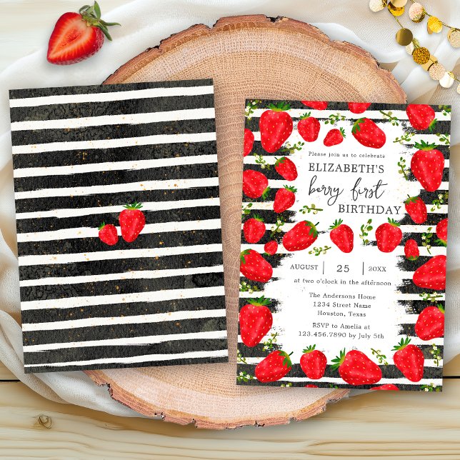 Convites Primeiro aniversario de Morango Preto Moderno (Criador carregado)