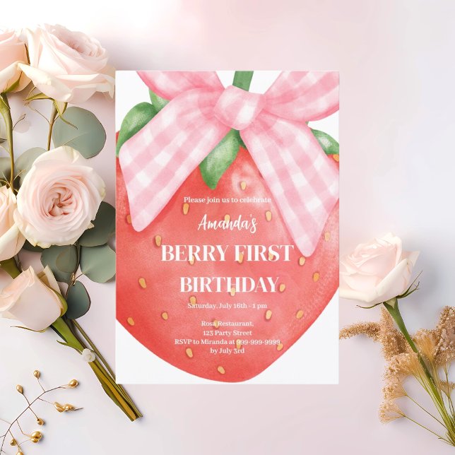 Convites Primeiro aniversario de morango primeiro arco rosa (Criador carregado)