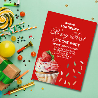 Convites Primeiro aniversario de Morango Vermelho Berry Pri