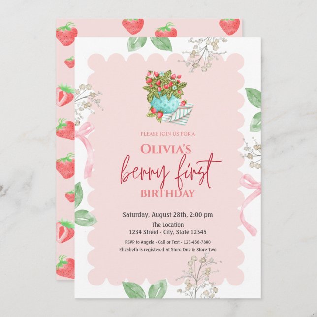 Convites Primeiro aniversario de Morangos em Cesta Aquática (Frente/Verso)
