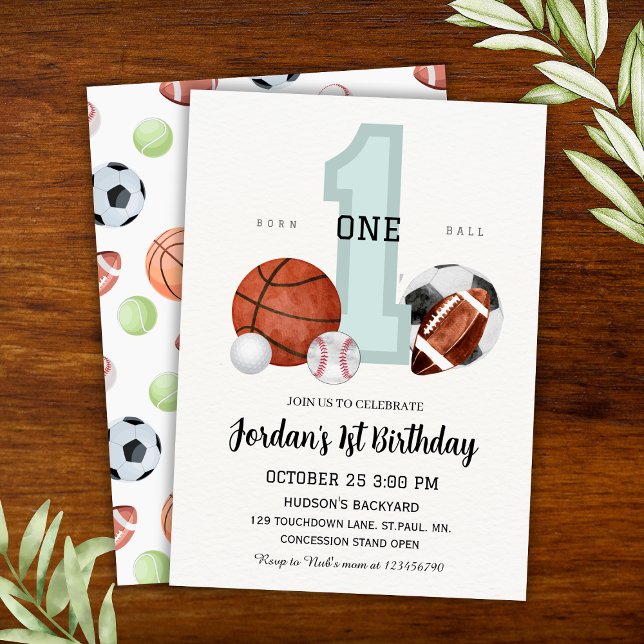 Convites Primeiro aniversario de "Nascer a esfera" do espor (Watercolor Sports "Born to Ball" 1st Birthday Invitation
)
