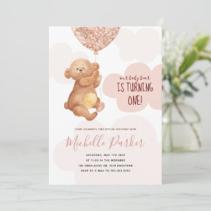 Convites Primeiro aniversario de Nuvens Rosa-Rosa-Urso-Tedd