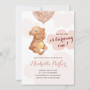Convites Primeiro aniversario de Nuvens Rosa-Rosa-Urso-Tedd