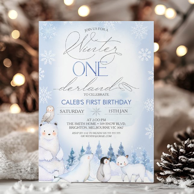 Convites Primeiro aniversario de Onederland no Ártico Azul- (Onederland Arctic Animals Birthday Invitation, Boys Winter Onederland Invitation Template, Blue )