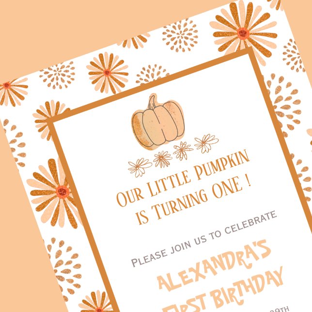 Convites Primeiro aniversario de outono Floral de Abomináve (Halloween-1st-birthday-Invitation-Pumpkin-Floral-Autumn Fall-orange-1)