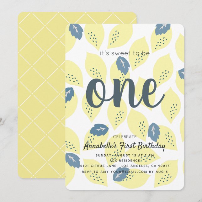 Convites Primeiro aniversario de padrão Lemon e Leaf (Frente/Verso)