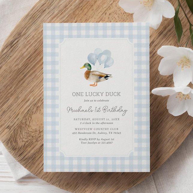 Convites Primeiro aniversario de Pato Gingham Azul (Criador carregado)