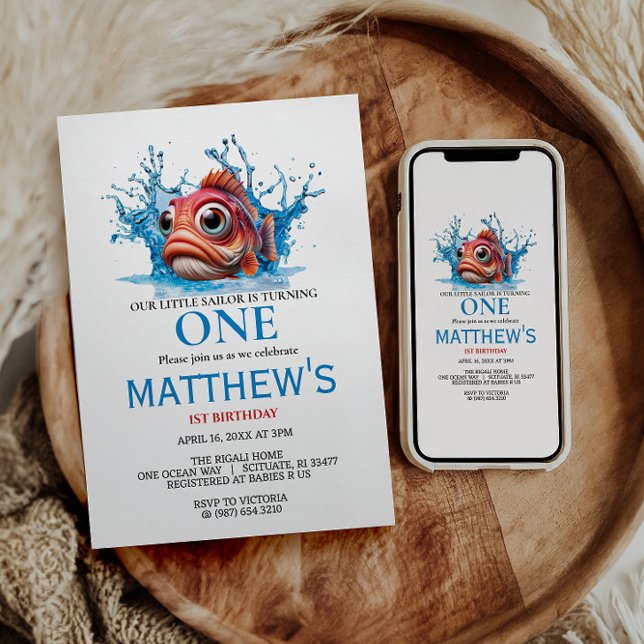 Convites Primeiro aniversario de Peixe Azul de Água Cura (Criador carregado)