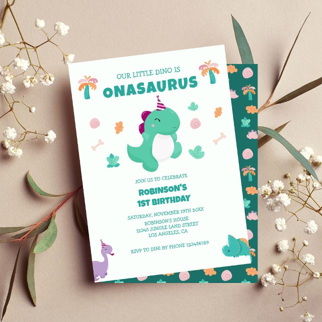 Convites Primeiro aniversario de pequeno dinossauro Onasaur (Criador carregado)
