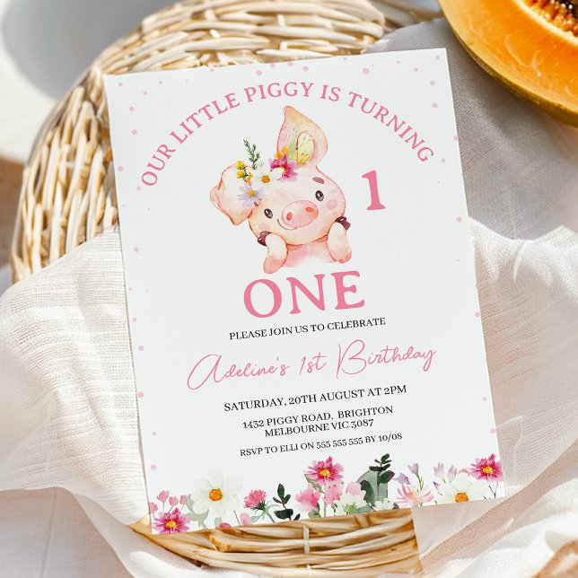 Convites Primeiro aniversario de Pequeno Porquinho de Flore (Little Piggy 1st Birthday Invitation for Girl Multicolored Wildflowers Our Little Piggy Invite)