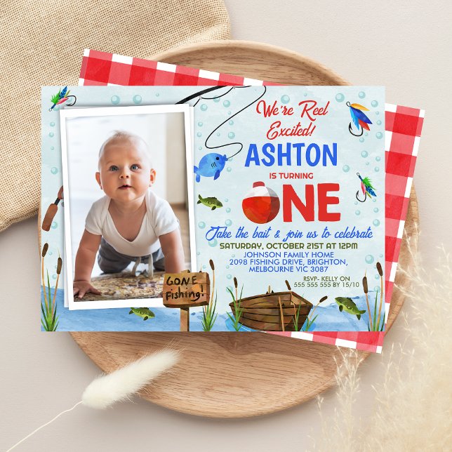 Convites Primeiro aniversario De Pesca Animado De Azul Verm (Boys Fishing 1st Birthday Invitation Ofishally One Reel Excited Big One, Fishing Themed 1st Birthday)