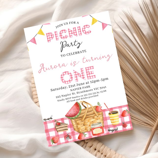 Convites Primeiro aniversario de Picnic Gingham Belga, Cor- (Girls Picnic Party 1st Birthday Invitation Template, Pink Gingham Picnic 1st Birthday Invitation
)