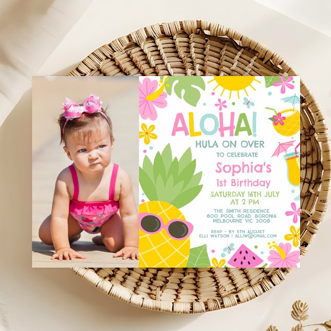 Convites Primeiro aniversario de Pineapple Aloha, cor-de-ro (Aloha Birthday Invitation Template For Girl, Pineapple Birthday Invitation, Hawaiian Theme Party)