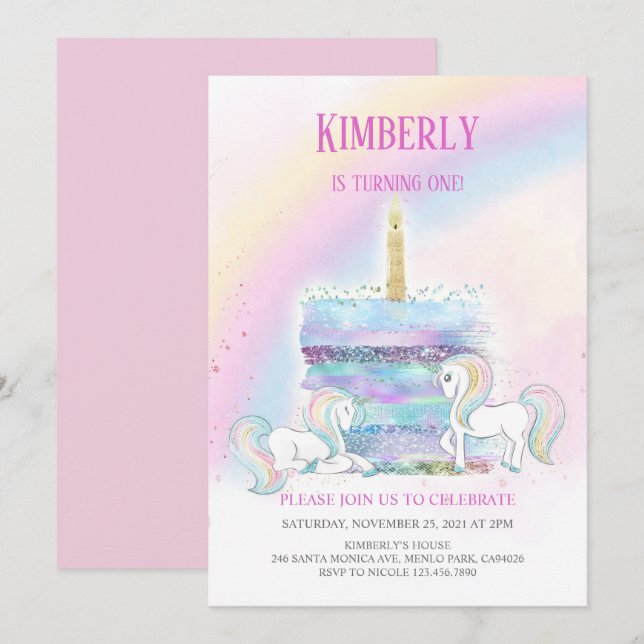Convites Primeiro aniversario de Princesa Rosa Unicorn, Cas (Frente/Verso)