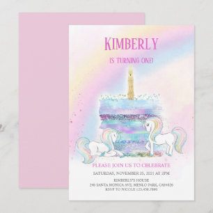 Convites Primeiro aniversario de Princesa Rosa Unicorn, Cas