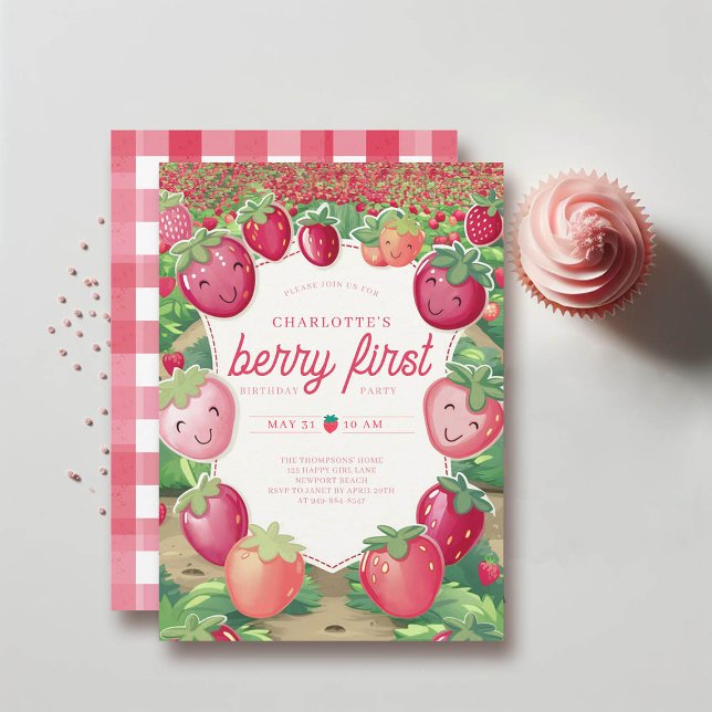 Convites Primeiro aniversario de Quadro de Campos de Berry  (berry first birthday invitation 1st party girl pink red watercolor strawberry field cute frame)