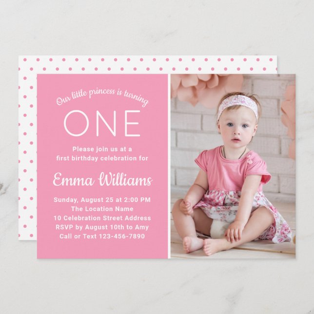Convites Primeiro aniversario De Rapariga Rosa, Foto Person (Frente/Verso)