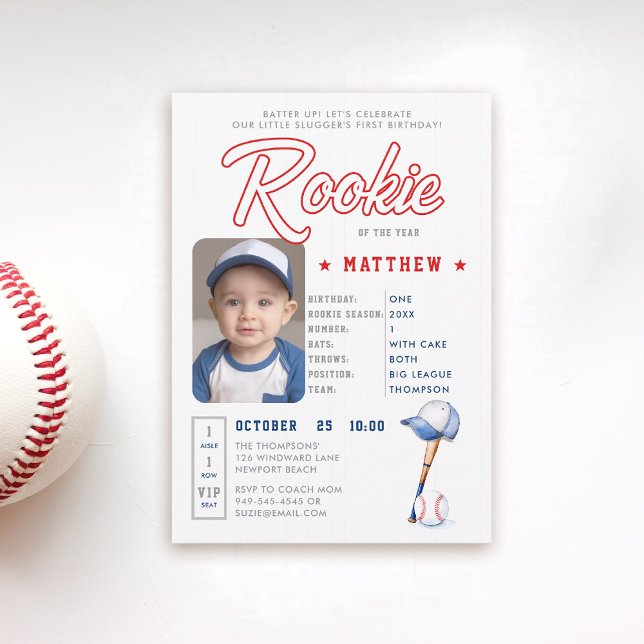 Convites Primeiro aniversario de Rapaz Fotográfico Divertid (rookie of the year 1st birthday invite boy baseball theme sports player stats card ticket blue red)