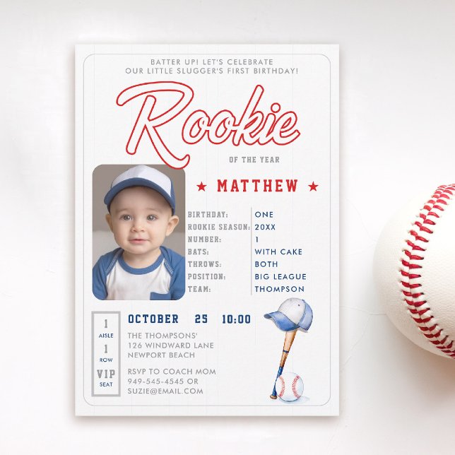 Convites Primeiro aniversario de Rapazes Fotográficos de Ba (rookie of the year 1st birthday invite boy baseball theme sports player stats card ticket red blue)