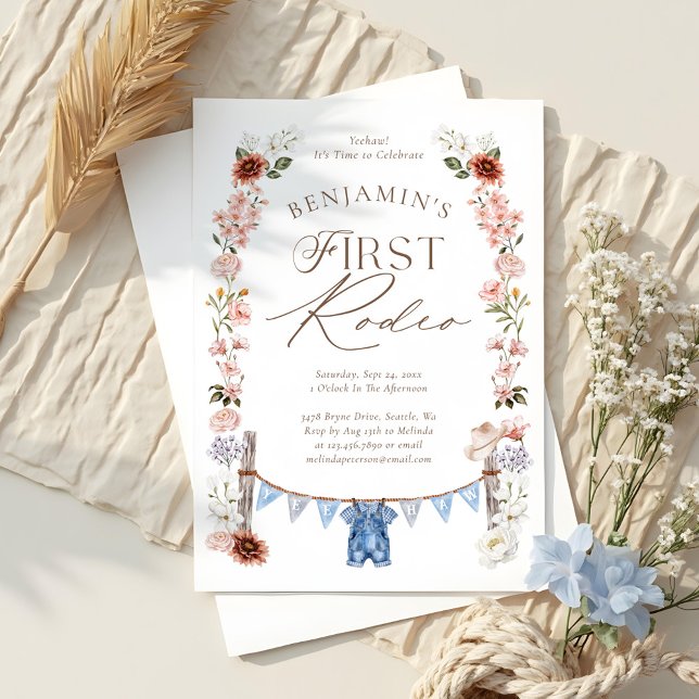 Convites Primeiro aniversario de Rodeio Selvagem Oeste (Wild West Little Cowboy First Rodeo 1st Birthday Invitation)