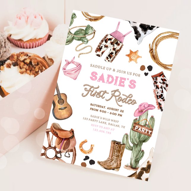 Convites Primeiro aniversário de Rodeo Cowboy Wild West Gir (Criador carregado)