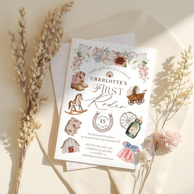 Convites Primeiro aniversario de Rodeo no Oeste Selvagem (Wild West Western Cowgirl First Rodeo 1st Birthday Invitation)