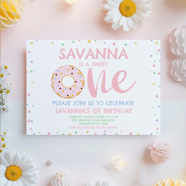 Convites Primeiro aniversario de Rosquinha doce de Pastel r (Sweet One 1st Birthday Invitation For Baby Girl, Donut 1st Birthday Invitation Template,
Modern 
)