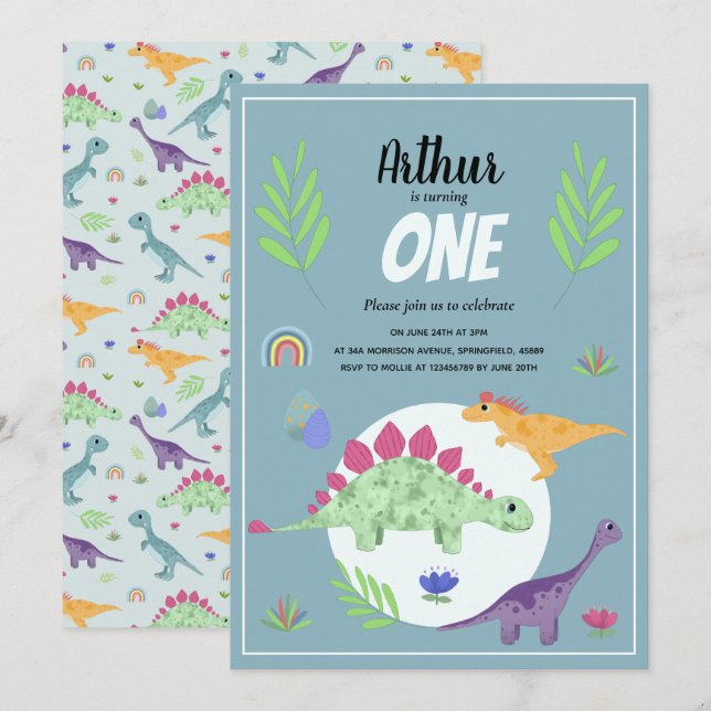 Convites Primeiro aniversario de selva de dinossauro azul T (Frente/Verso)