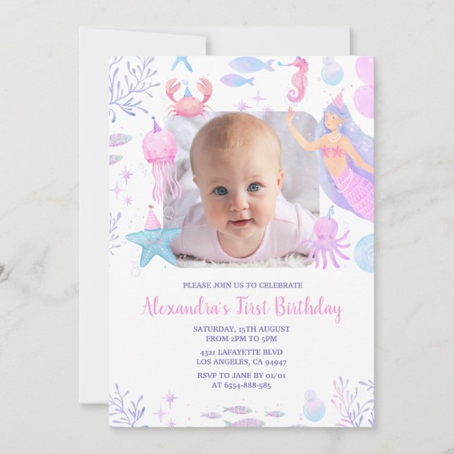Convites Primeiro aniversario de Sereia sob a Foto do Mar (Frente)