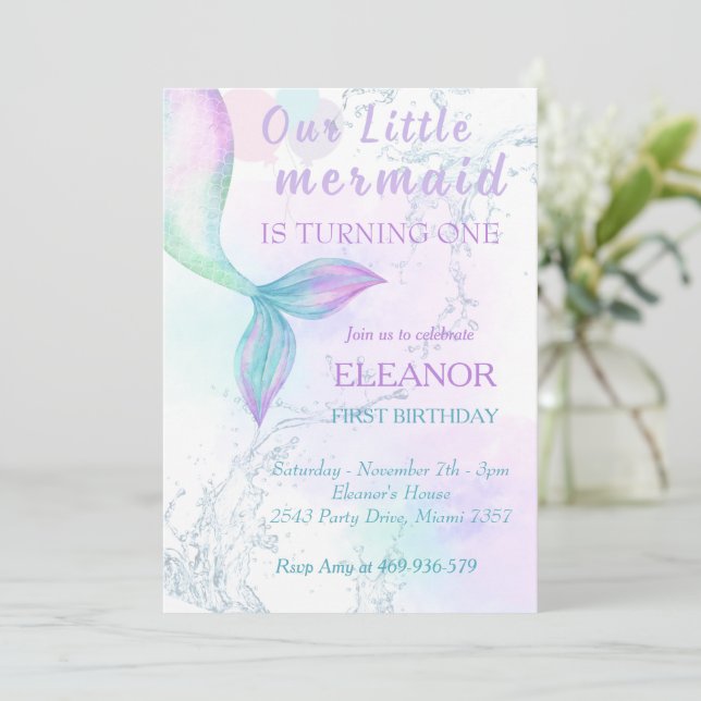 Convites Primeiro aniversario De Sereia Sob O Partido Da Se (Em pé/Frente)