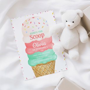 Convites Primeiro aniversario de Sorvete de Aquarela Rosa