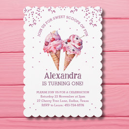Convites Primeiro aniversario de Sorvete Rosa Glitter Girl