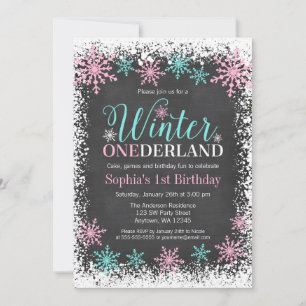 Convites Primeiro aniversario de Teal Chalkboard Winter ONE
