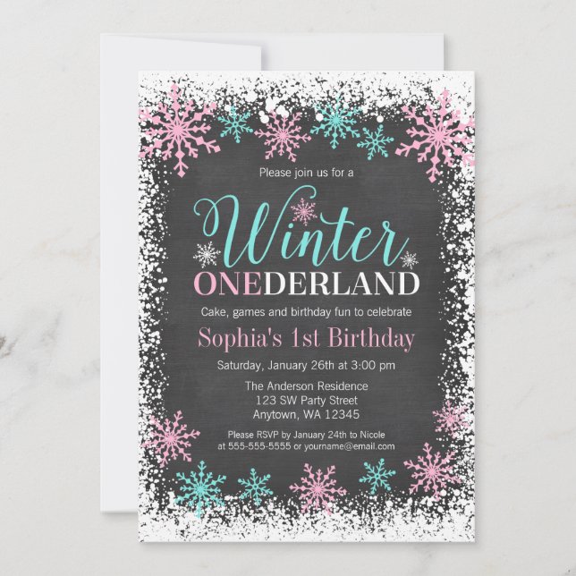 Convites Primeiro aniversario de Teal Chalkboard Winter ONE (Frente)