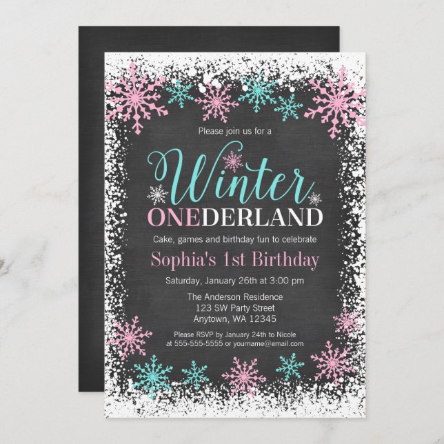 Convites Primeiro aniversario de Teal Chalkboard Winter ONE (Frente/Verso)