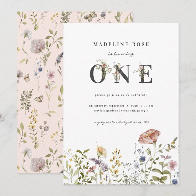Convites Primeiro aniversario de Tema de Flor Selvagem (Frente/Verso)