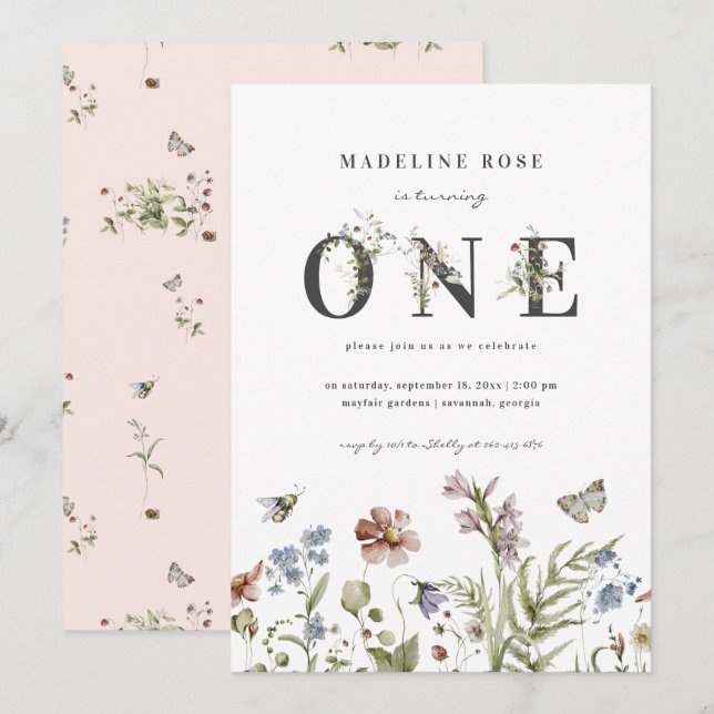 Convites Primeiro aniversario de Tema de Flor Selvagem (Frente/Verso)