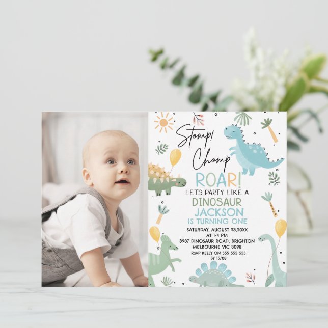Convites Primeiro aniversario de Themed Dinossaur com Balõe (Em pé/Frente)