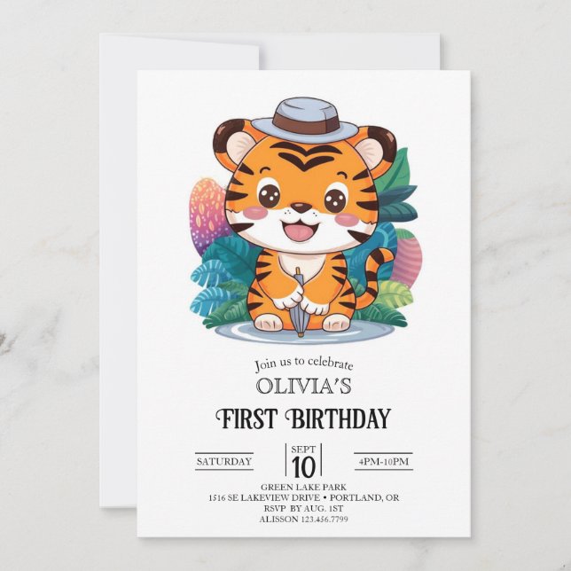 Convites Primeiro aniversario de Tigre Colorível Digital (Frente)