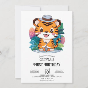 Convites Primeiro aniversario de Tigre Colorível Digital