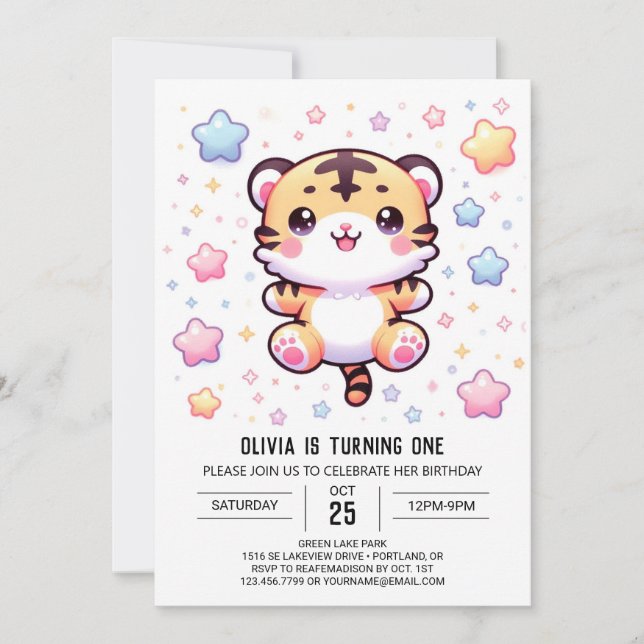 Convites Primeiro aniversario de Tigre Moderno Cute (Frente)