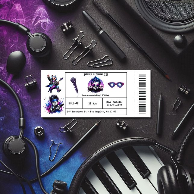 Convites primeiro aniversario De Tíquete Do legal Rock On M (Cool Rock On Music Concert Ticket 1st Birthday Invitation)