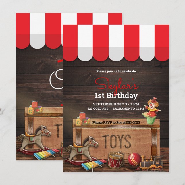 Convites Primeiro aniversario de Toybox de Madeira de Vinta (Frente/Verso)