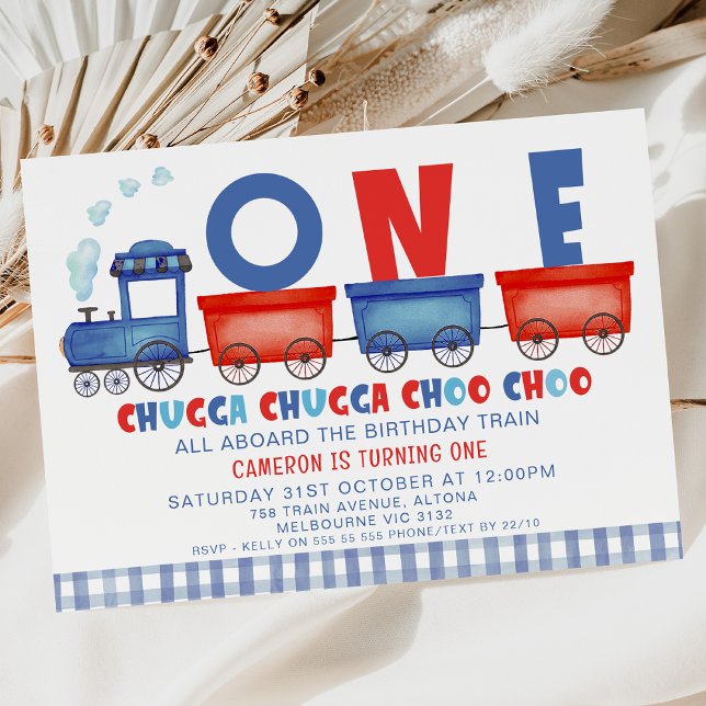 Convites Primeiro aniversario de trem Red Blue Chugga Chugg (Blue Red Train 1st Birthday Invitation For Baby Boy, Chugga Chugga Train First Birthday Invitation)