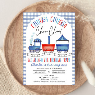 Convites Primeiro aniversario de trem Red Blue Gingham Chug