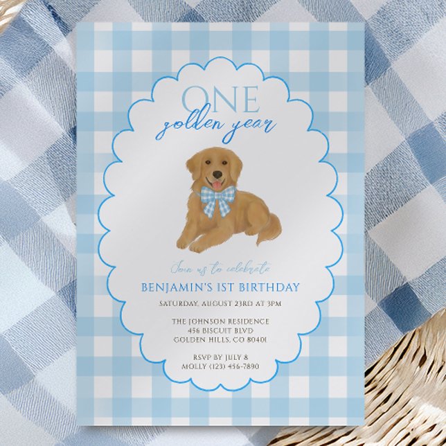 Convites Primeiro aniversario de um ano de Gingham azul (Criador carregado)
