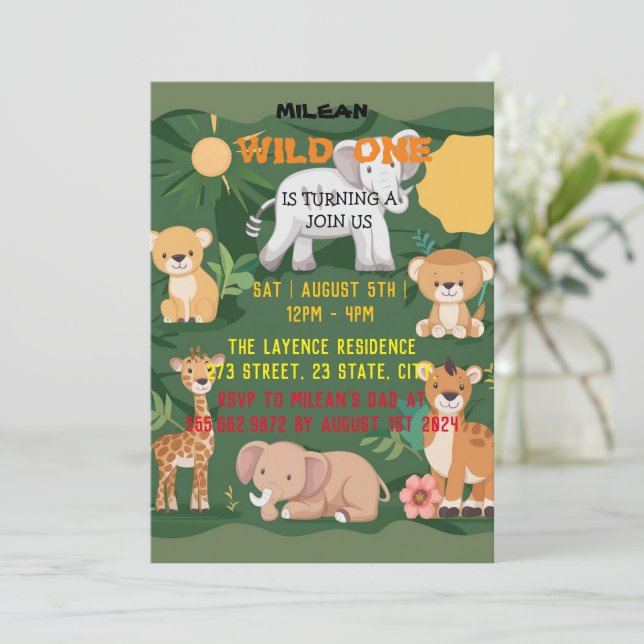 Convites Primeiro aniversario de um menino Selva Animal Sel (Em pé/Frente)