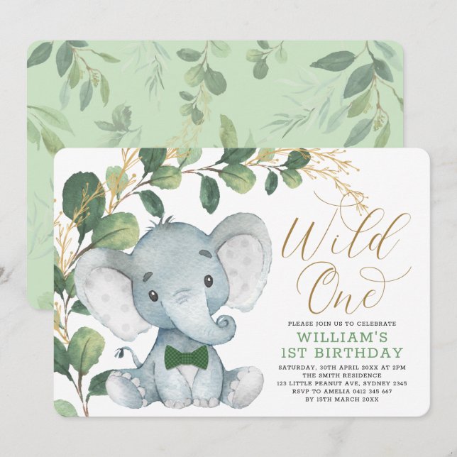 Convites primeiro aniversario de Um Verde, Elefante Selvage (Frente/Verso)