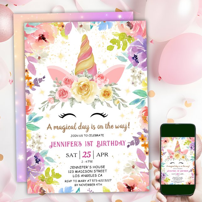 Convites Primeiro aniversario de Unicórnio Rosa, Arco-Íris  (#UnicornBirthdayInvitation #UnicornBirthdayInvitationTemplate #UnicornBirthdayInvitationEditable
)