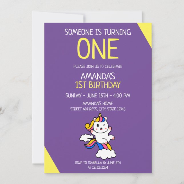 Convites Primeiro aniversario de Unicórnio Roxo-Amarelo (Frente)